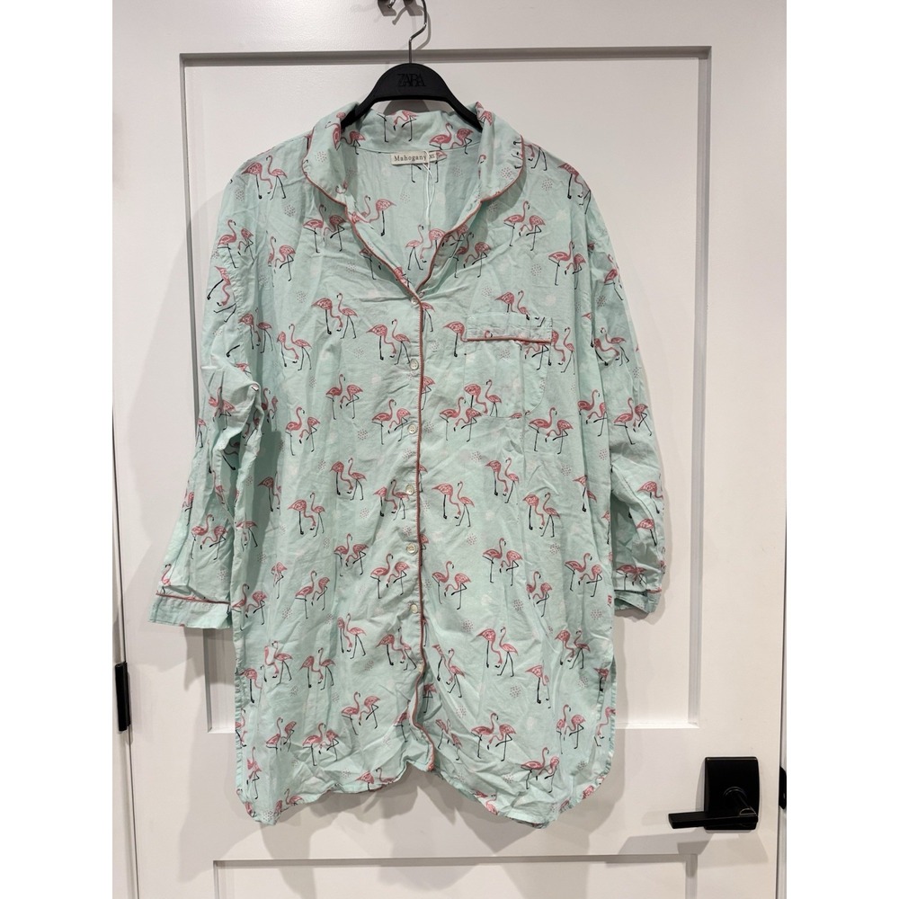 Mahogany Womens Mint Green Pink Flamingo Print Cotton Button Up Sleep Shirt XL